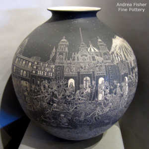 Sgraffito Night of the Dead in the Mexico City Zocala motif on a black and white jar