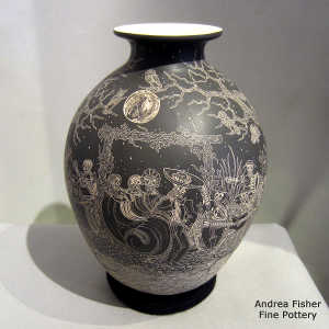 Click to see a larger version Sgraffito Night of the Dead motif on a black and white jar