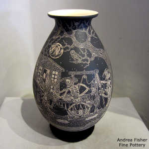 Sgraffito Night of the Dead design on a black and white jar