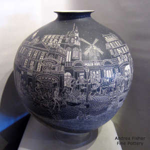 Black and white jar with a sgraffito Night of the Dead in Paris motif