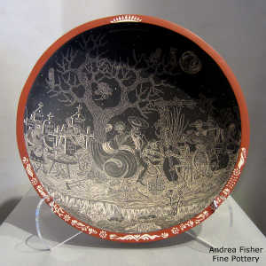 Sgraffito Night of the Dead design inside a polychrome bowl