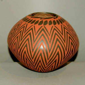 Geometric design in red on a graphite black jar