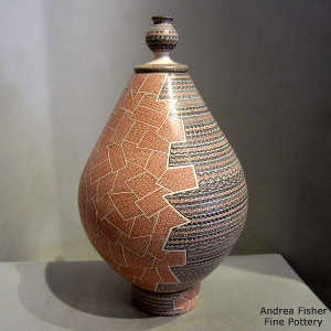 Matching stand and lid for a polychrome jar with sgraffito and painted geometric design