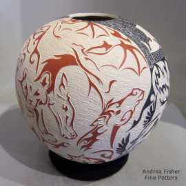 Polychrome jar with sgraffito optical illusion wildlife and geometric design