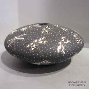 Polychrome seed pot with sgraffito and painted dragonfly and mesh design