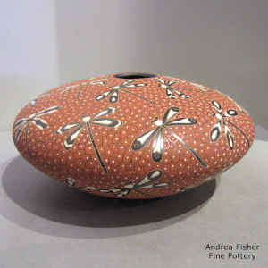 Polychrome jar with sgraffito and painted dragonfly and mesh design