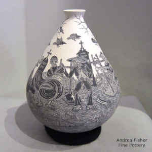 Sgraffito Day of the Dead motif on a black and white jar