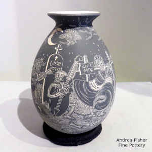 Sgraffito Night of the Dead at the cemetery motif on a black and white jar
