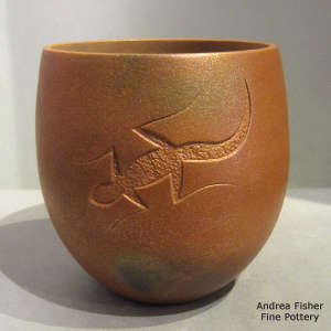 Sgraffito lizard design and fire clouds on a golden micaceous black jar