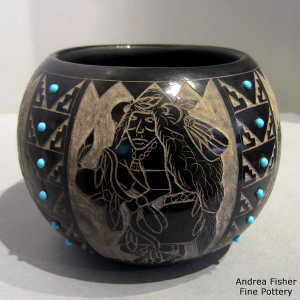 Sgraffito Sioux warrior, dancer and geometric design on a black jar with stone inlays