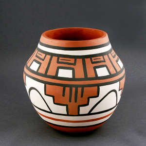 Geometric, cloud and kiva step designs on a polychrome jar