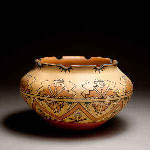 A polychrome jar with a cut out rim