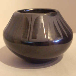 Kiva step and geometric design on a black on black jar