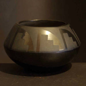 Kiva step and geometric design on a black on black jar
