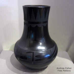 Kiva step and geometric design on a black on black vase