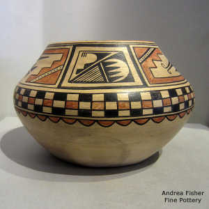 Kiva step, checkerboard and geometric design on a polychrome jar
