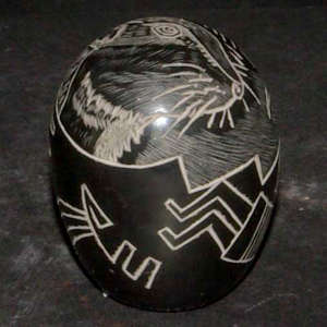 Sgraffito eagle and geometric design on a black seed pot