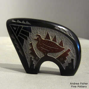 Sienna spot and sgraffito quail, kiva step and geometric design on a black bear figure