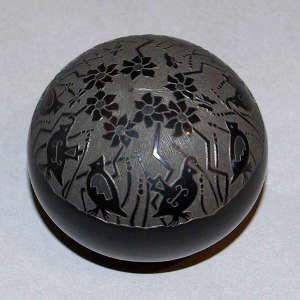 Sgraffito quail, flower and geometric design on a black seed pot