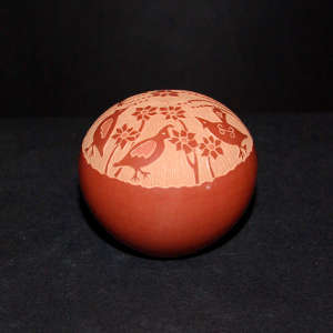 Sgraffito quail and floral design on a red seed pot