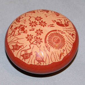 Sgraffito quail, flowers, hunters, sunface, dragonflies, butterflies and geometric design on a red seed pot