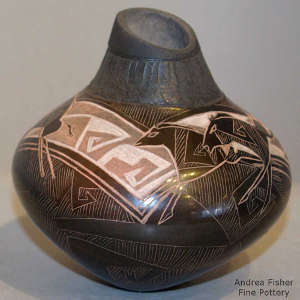 Sgraffito horse and geometric design on a two-tone jar with a carved neck