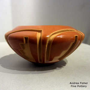 Six panel kiva step and geometric design carved into a red bowl