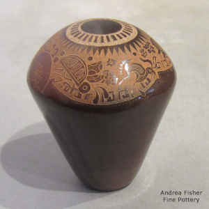 Sgraffito insect and geometric design on a sienna seed pot