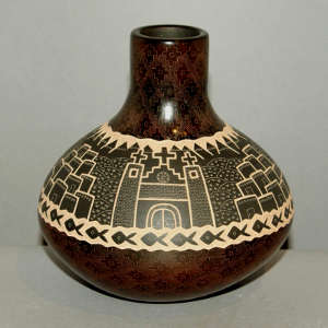Sgraffito new Mexico Churches and geometric design on a brown jar
