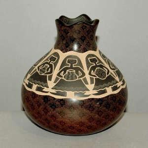 Sgraffito Women Potters and geometric design on a brown jar with an organic opening