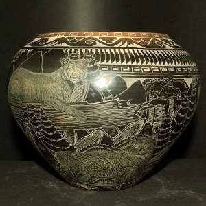 Sgraffito wildlife, nature, pueblo ruin and geometric design on a black jar with a sienna rim