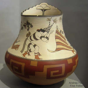 Koshare and geometric design on a polychrome jar with kiva step opening