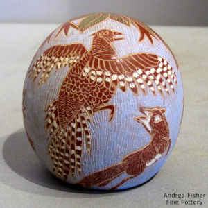 Sgraffito and painted pheasant, fox, nature and geometric design on a miniature polychrome seed pot