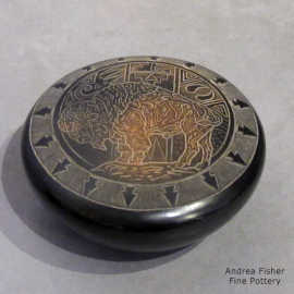 Sgraffito bison, arrowheads and geometric design on a black seed pot with a sienna spot