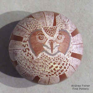 Sgraffito and painted Great Horned Owl and geometric design on a miniature polychrome seed pot