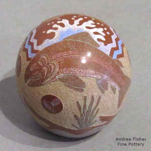 Sgraffito and painted rainbow trout, underwater scene and geometric design on a miniature polychrome seed pot