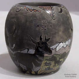 Sgraffito mountain and nature design on a small polychrome jar