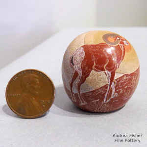 Sgraffito and painted ram, butterfly, wildlife and geometric design on a miniature polychrome seed pot