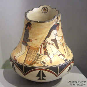Dancers and geometric design on a polychrome jar with a stepped opening