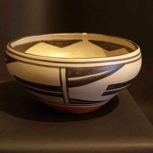 Geometric design inside and out on a polychrome bowl