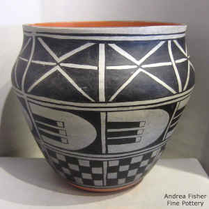 Checkerboard and geometric design on a polychrome jar