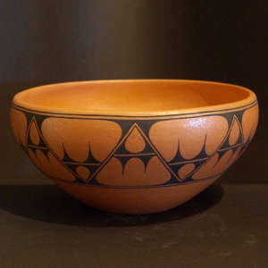 Band of black geometric design on an orange micaceous bowl