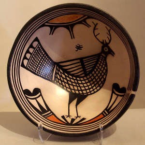 Horned bird and geometric design on a polychrome bowl