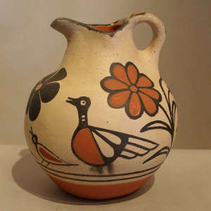 Bird and floral design on a polychrome pitcher