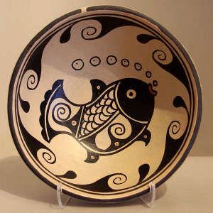 Fish and geometric design  on a polychrome chili bowl