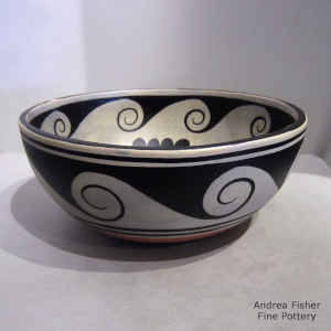 Water and geometric design inside, wave design outside on a polychrome bowl