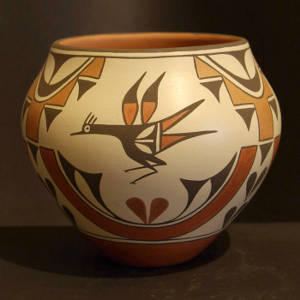 Rainbow, cloud, bird and geometric design on a polychrome olla