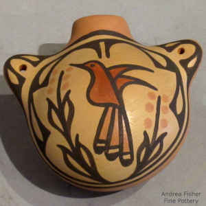 Hummingbird, branch and geometric design on a polychrome canteen