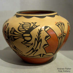 Bird, cloud, corn plant and geometric design on a polychrome jar