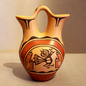 Bird, cloud, rainbow and geometric design on a polychrome wedding vase